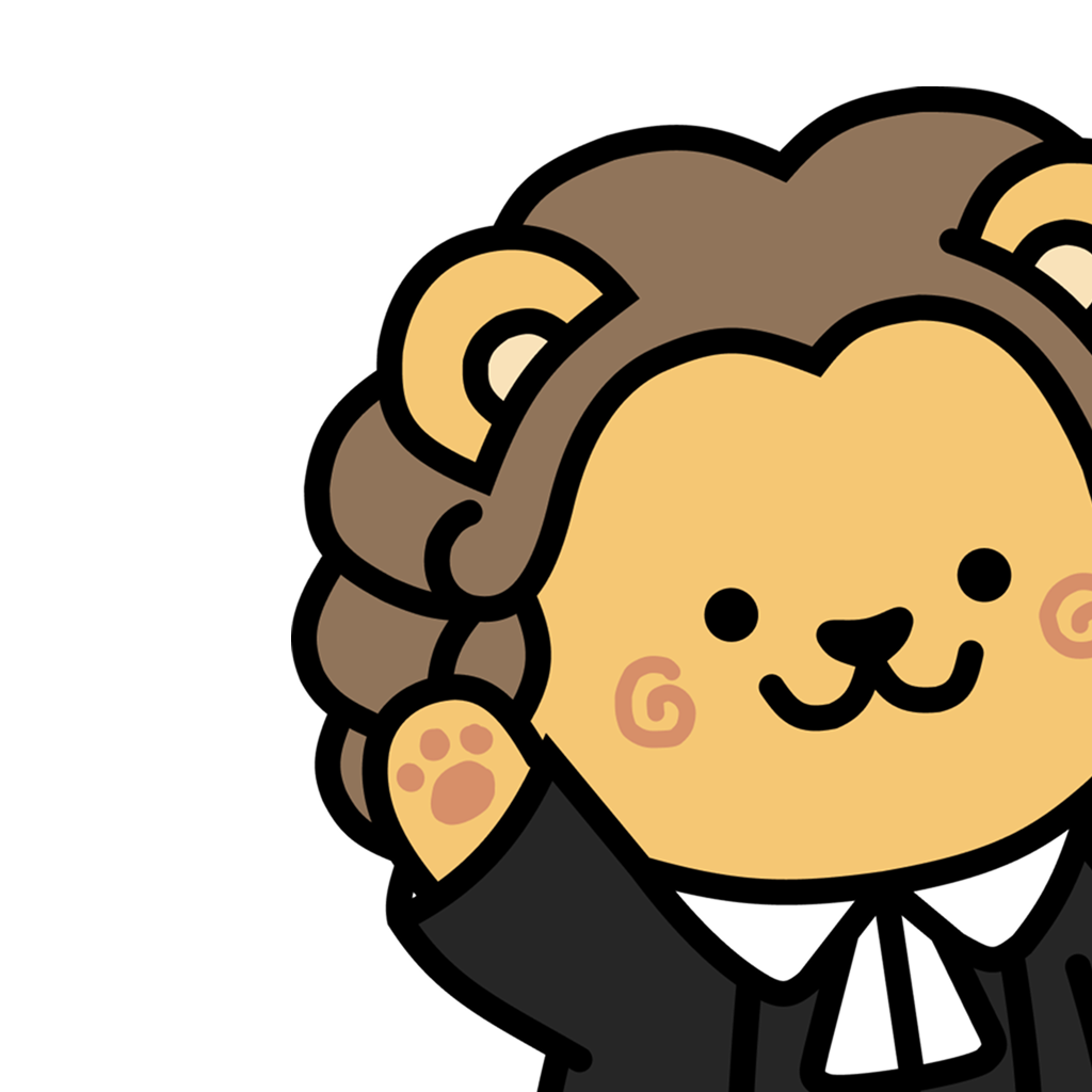 Rory: lion character in judge wig and robes
